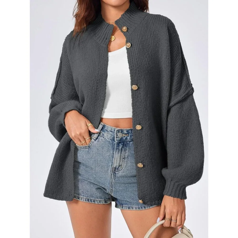 Women's Dark Gray Oversized Cardigans Button Down Chunky Fall Sweater Coats - Picture 2 of 5